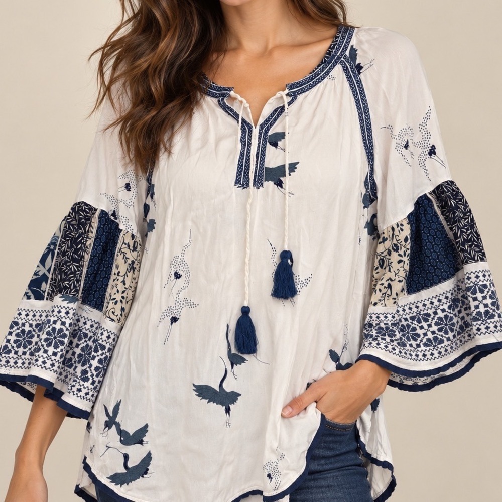 John Mark Blue Crane Print Embroidered Patchwork Bell Sleeve Peasant Blouse L f5